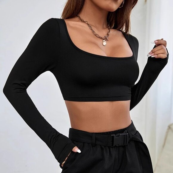 Mesh pleated splicing midriff lace-up slim long-sleeved T-shirt - Picture 3 of 4